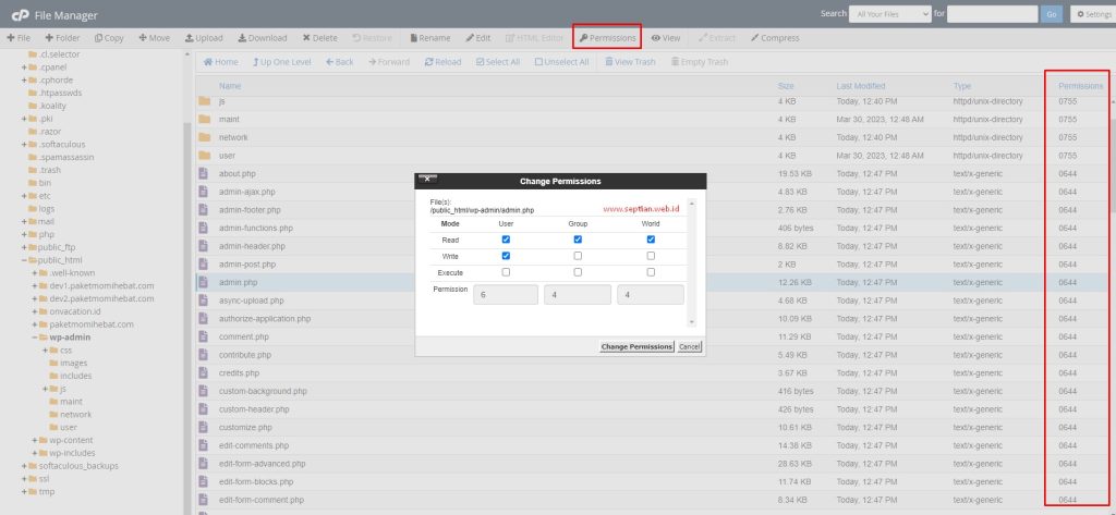 cara mengubah permission file dan folder wordpress di cpanel